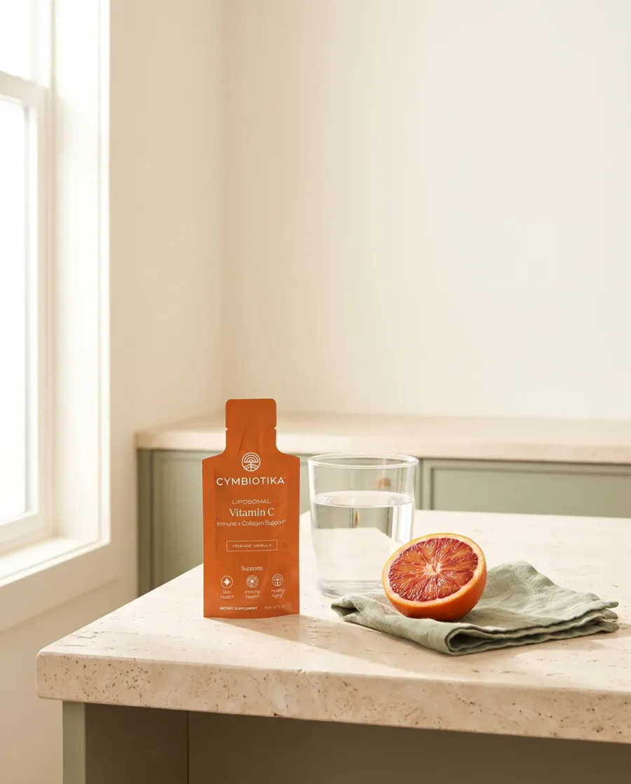 Cymbiotika Liposomal Vitamin C beside a glass of water and a blood orange